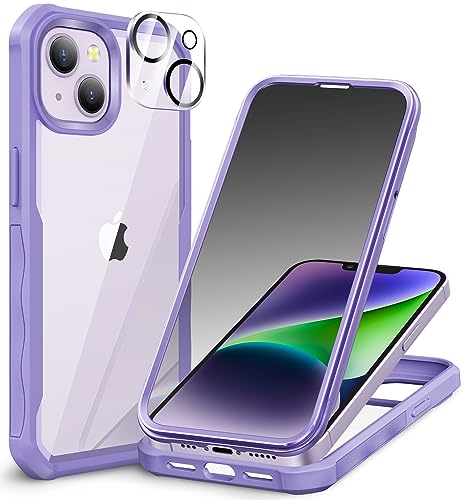CENHUFO Privacy for iPhone 14 Case/iPhone 13 Case Full Body Phone Case with Built-in 9H Tempered Glass Privacy Screen Protector and Camera Lens Protector Shockproof Bumper Clear Cover - Purple