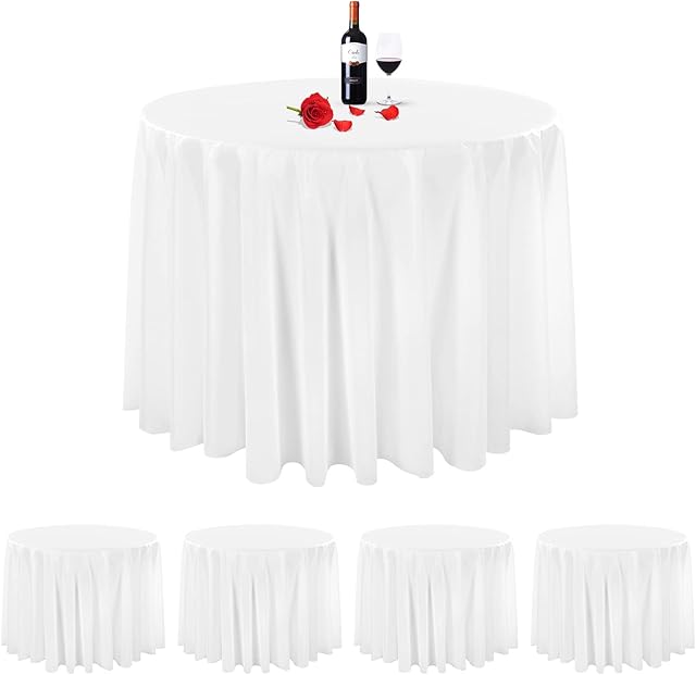 5 Pack Disposable Plastic Round Tablecloth White Round Disposable Table Covers PEVA Waterproof Plastic Round Tablecloths for Tables Indoor Outdoor Parties Birthdays(84 Inch, White)