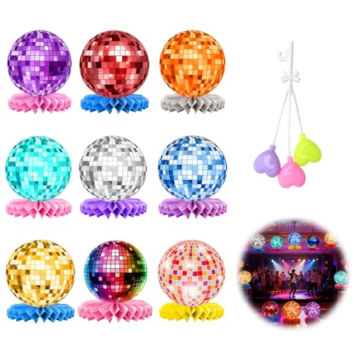 TMZELOA Lot de 9 Decoration Boule Disco Table Anniversaire, Disco Centres Nid d'abeille, Fête des Années 70 80 90 Annive Accessoires Deco Table Anniversaire...