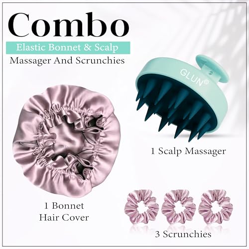 Image of GLUN Anti-Dandruff Round Turquoise Scalp Massager with Elastic Closing Pink Hair Bonnet Cap with 3 Satin Scrunchies Combo, Treatment Accessories for Hairs, Ideal for Curly & Natural Hair