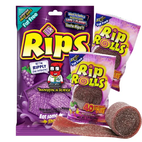 Rips Grape Flavored Fat Free Candies, Sweet And Sour Fruity Candy Rolls And Licorice Bites, Shareable Pieces And Resealable Bag, Pack Of 3 #TOP18