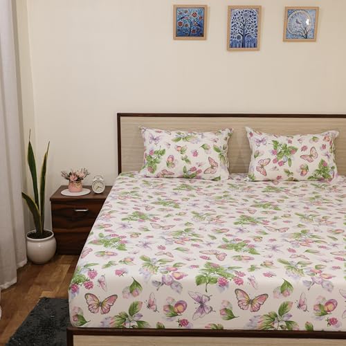 Image of King Size Bedsheet - Butterfly Meadow Print - 108x108 Inches - Ultra Soft Brushed Microfiber Flat Sheet with Pillow Covers - Cooling, Lightweight, Wrinkle & Fade Resistant