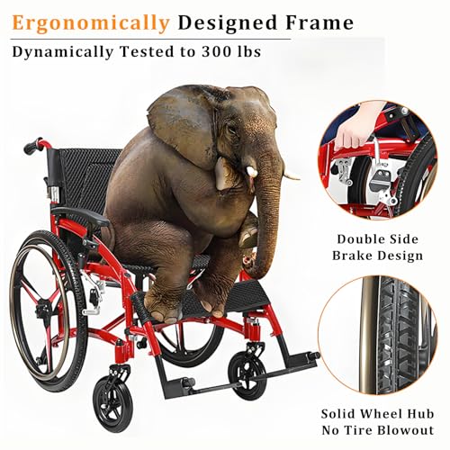 Sports Wheelchair for Adult, Aluminum Folding Transport Wheel Chair, Ergonomic Manual Travel Wheelchair, 300 Lbs Capacity, 67 x 106 x 91 cm