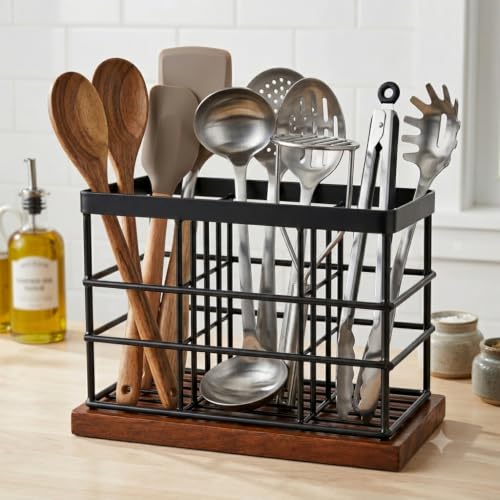 Image of MS Craft World Wooden Cutlery Holder with Metal Stand | Spoon Holder for Kitchen, Fork Organizer for Dining Table, Utensil Holder for Kitchen Counter | Rustic Wood Finish (Rectangular)
