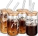MHDCLY Iced Coffee Cup,Glass Cups with Lids and Straws,Drinking Glasses with Bamboo Lids and Glass Straw 4Pcs Set - 16Oz,Smoothie Cup,Beer Glasses,Clear Cute Tumbler Cup,Smoothie Cup