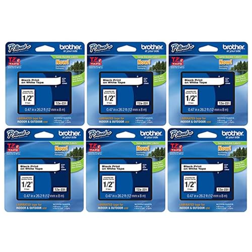 Image of Brother Genuine P-Touch, TZe-231 6 Pack Tape inch (0.47 inch) x 26.2 ft. (8m) 6-Pack Laminated P-Touch Tape, Black on White, Perfect for Indoor or Outdoor Use, Water Resistant, TZE2316PKB (TZE231)