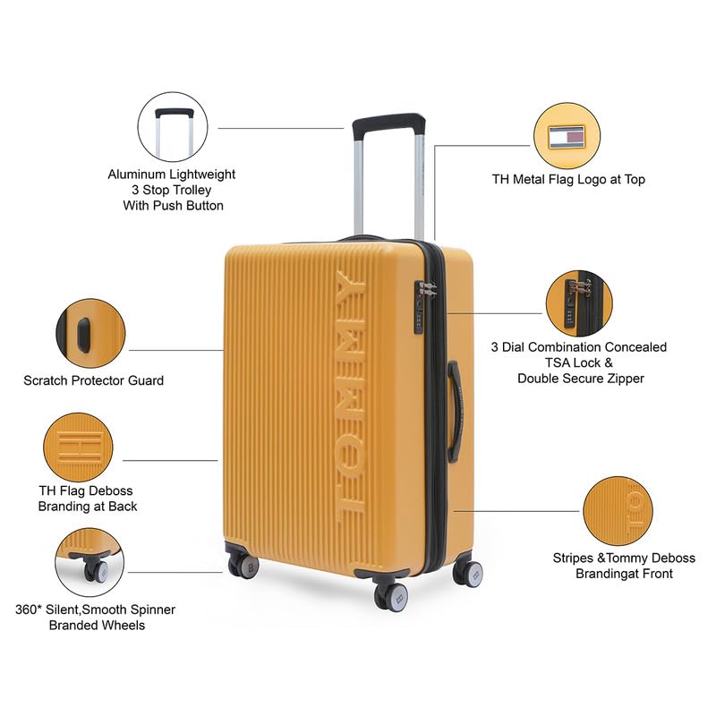 Image of Tommy Hilfiger Polyester Trolley, Yellow, Empire Plus, 63L | Big Suitcase for Travel, Hard 360 Degree Luggage, Medium Check-in