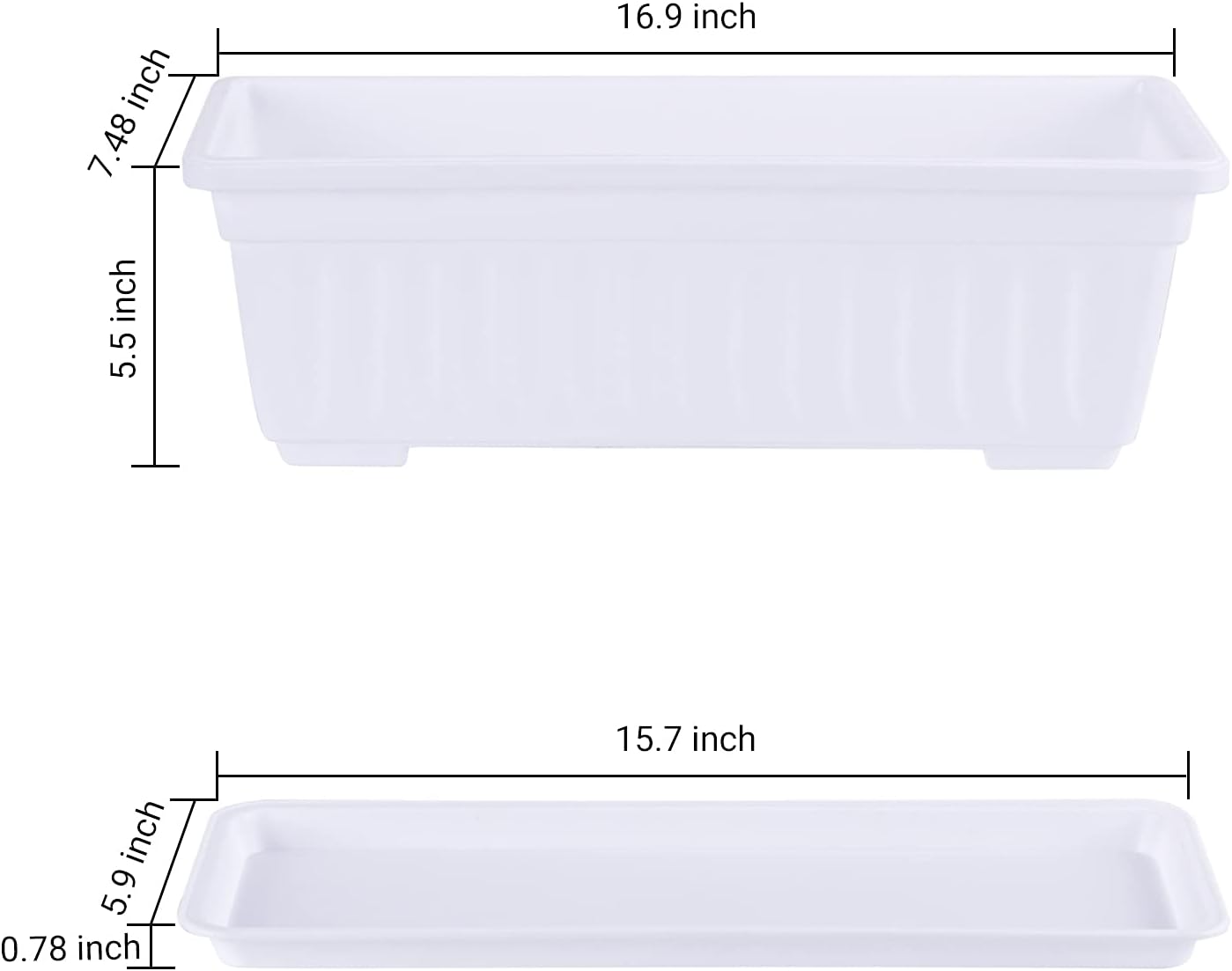 GREANER Rectangle Plastic Flower Boxes, 3 Pack Large Long Planter 16.9x7.48 Inch Morden Thicken Vegetable Plant Pot with Tray for Garden, Kitchen, Window, Office, Balcony, Outdoor Indoor Use - White