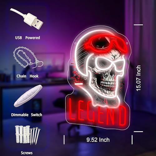 Image of Skull & Helm LED Neon Sign USB Powered for Wall Decor,Rogue Rider Legend Neon Night Light Sign Dimmable for Boys Room Party Decor Halloween Birthday Gifts