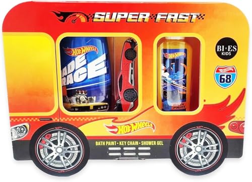 Hot Wheels Super Fast Bath Time Kids Gift Set - Refreshing 2 in 1 Shower Gel & Shampoo (250ml), Vibrant Bath Paint (60ml) & Cool Hot Wheels Key Chain for Kids Paraben-Free & For Sensitive Skin, Age 3+