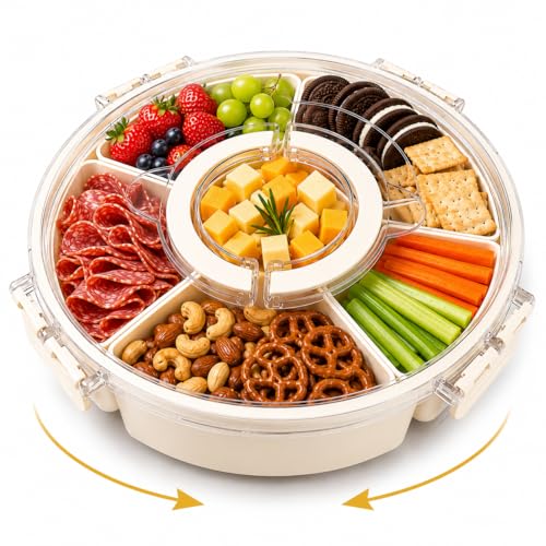 Snackle Box Container with Lid & Handle, 6 Compartment Snack Tray for Kids & Adults, Portable Serving Tray for Fruit, Veggies, Candy & Snacks, Rotating Organizer for Travel, Party & Movie Night