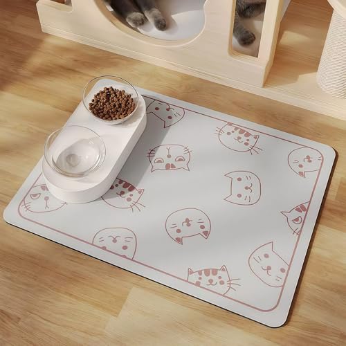 KPeng Grey Cat Dog Food Mat with Rubber Backing,Rapid Absorbent Pet Placements for Dog Food and Water,Easy-to-Clean and Anti-Fouling Pet Supplies for Messy Drinking Water Bowls(Cats&Dogs Pattern)