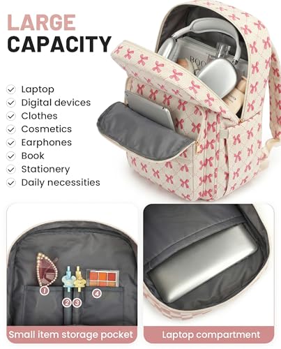 Image of Corduroy Laptop Backpack for Women, Fits 15.6 Inch Computer Bag, College Bookbag Travel Daypack Purse, Work Business Bags - Corduroy Bow Pink