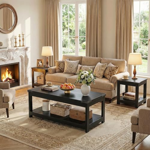 Image of Homieasy 43.3 inch Rectangular Coffee Table with Storage Shelf, Farmhouse Wood Center Table for Living Room, Modern Black Tea Table with Open Shelf, Black