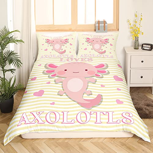 Axolotl Comforter Cover Gift For Girls Women Cartoon Axolotls Duvet Cover Double Size Room Decor Cute Fish Decor Bedding Set Kids Kawaii Animal Pet Reptile Geometric Stripes Quilt Cover Yellow - Image 2