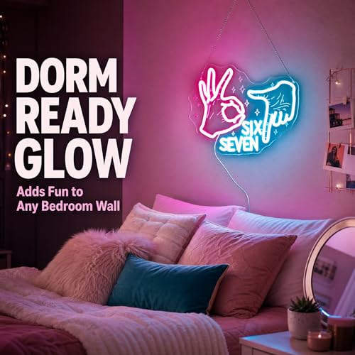 Image of 67 Neon Sign for Bedroom - Six Seven 6 7 Meme LED Wall Light | Pink Hand Gesture & Ice Blue Numbers, USB Dimmable, 13.8 inchx11.2 inch, TikTok Viral Room Decor, Gen Alpha Teens