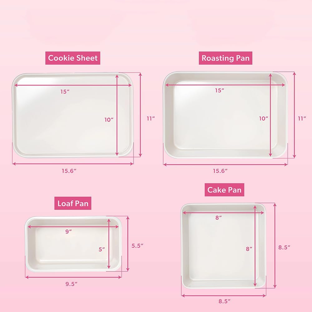 4-Piece Ceramic Nonstick Bakeware Set | Baking Sheet, Cookie Sheet, Cake Pan & Loaf Pan, Pink