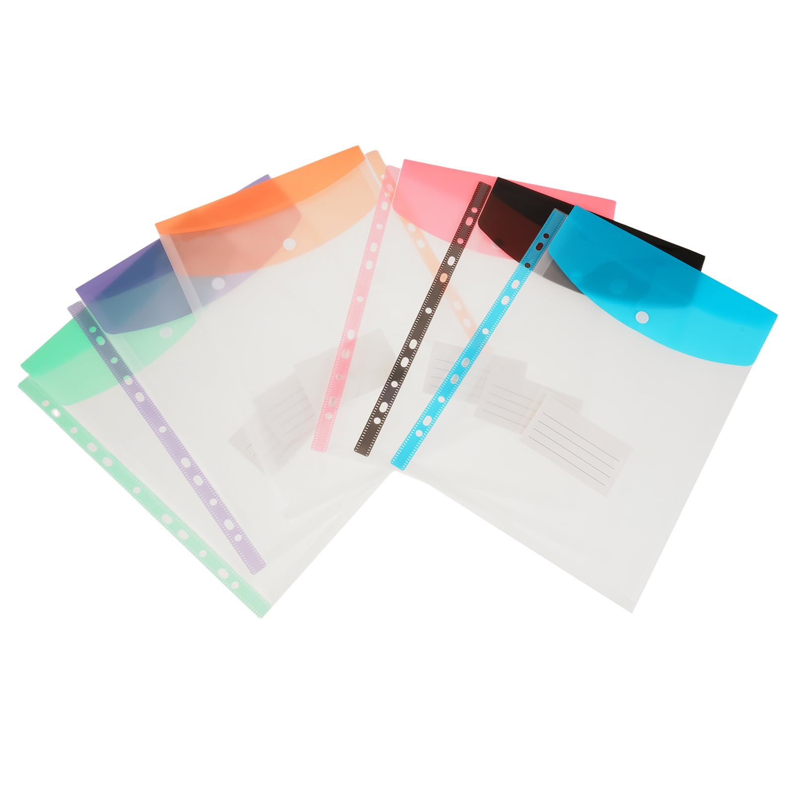 IDEANATEGRATE プラスチック封筒バインダーポケット6個 - 11穴拡張バインダーフォルダー、スナップ留めとラベル付き - 透明プラスチック - A4防水書類ポーチ、学校オフィスファイル用