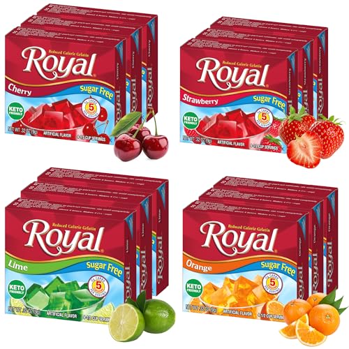 Royal Gelatin Sugar Free Variety Pack of 12-3 Boxes Each - Strawberry, Lime, Orange and Cherry -