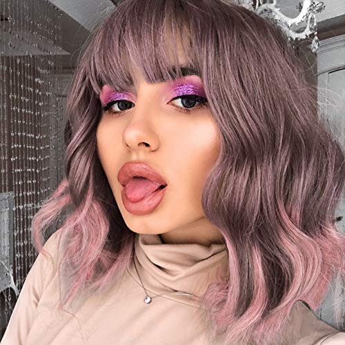 AISI HAIR Short Bob Wavy Wigs with Bangs Colorful Grey Pink Curly Wig for Women Natural Synthetic Shoulder Length Hair Wig for Halloween Cosplay (Mixed 6916#)