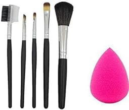 Hmmmm Soft Bristle 5 Pcs Black Makeup Brushes Set with 1 Pink Beauty Blender - (Pack of 6)