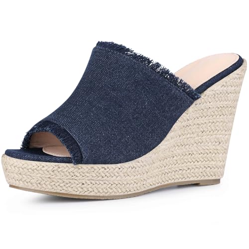 Perphy Womens Espadrilles Wedge Open Toe Denim Wedge Blue Jean Shoes Slip on Slide Mules Sandals
