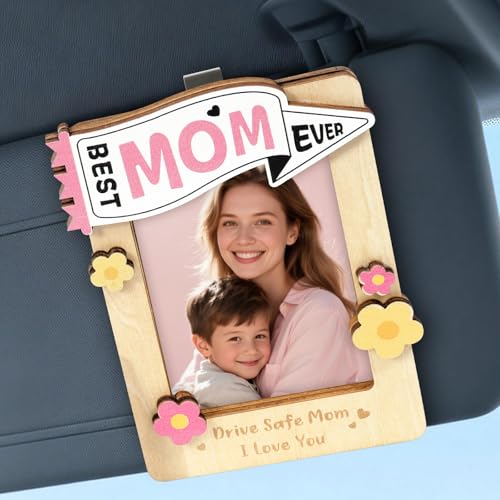 Sortnic Drive Safe Mom Visor Photo Frame, Mother's Day Car Accessory Gift, Wooden Picture Frame with Clip for Car Visor, Holds Photo, Sentimental Keepsake for Wife, Mama, Grandma