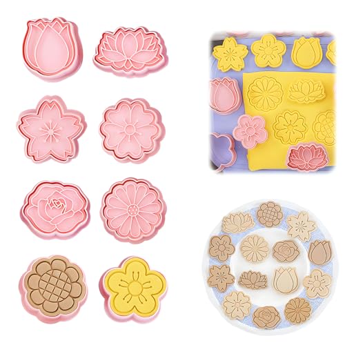 Paquete de 8 cortadores de galletas de flores, cortador de galletas 3D con sello de émbolo, 8 estilos de sellos de galletas de flores de primavera para el hogar, cocina, juegos de fabricación de