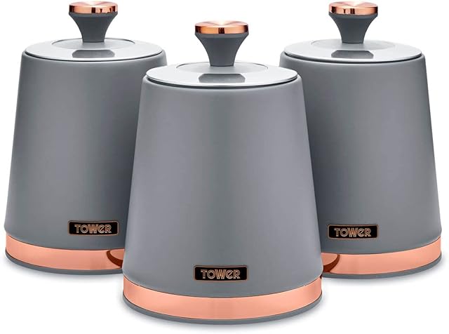Tower T826131GRY Cavaletto Set of 3 Storage Canisters for Tea/Coffee/Sugar, Steel, Grey and Rose Gold