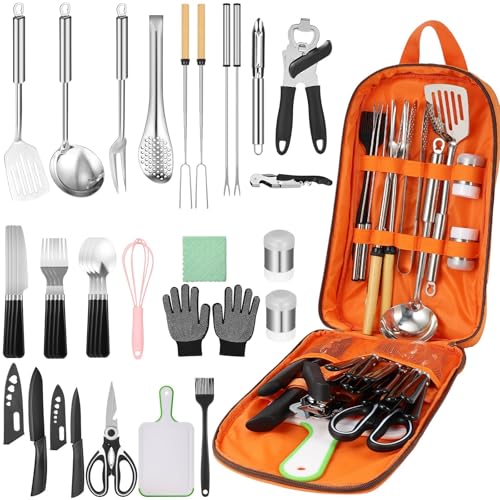 Hozzen Camping Cooking Utensil Set - 33 Pcs Camping Cookware Set, Portable Car Camp Essentials for Cooking and Grilling,Ideal Gift for RV Tent Camper, Picnics, BBQs, Parties