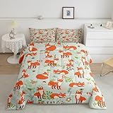 Fox Comforter Set for Boys Girls Comforter Cute Cartoon Fox Tropical Leaf Pattern Bedding Set Animal Woodland Fox Bedroom Decor Nature Wildlife Duvet Set Twin Quilt Set 2Pcs With 1 Pillow Case