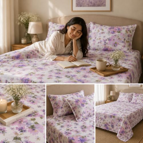 Image of Linen Home Cotton Percale Flat Bedsheet Set Queen Size Floral Purple