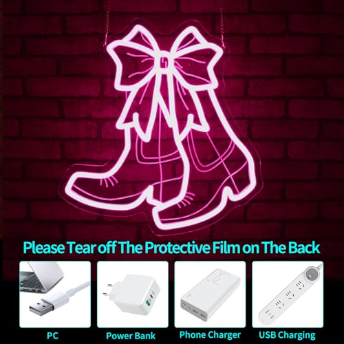 Image of Neon Sign, JGHTURIE Bow Boots Neon Signs for Wall Decor Pink Light Up Sign Preppy Girls Room Led Signs for Bar Party Shop Gift Decoration USB Powered