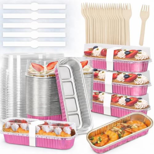 120pcs Mini Loaf Pans with Lids and Spoons 200ml Rectangular Aluminum Foil Baking Pans Mini Cake Tins Containers with Sealing Sticker for Bread Cake Wedding Birthday Picnic Party (SET OF 30) (Pink)