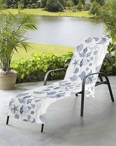 Beach Pool Patio Lounge Chaise Chair Cover Towel with Pockets,Navy Blue Coastal Absorbent & Quick Dry Microfiber Towel Cover Bag Summer Travel Accessories Nautical Starfish Seaweed Shell Coral Conch
