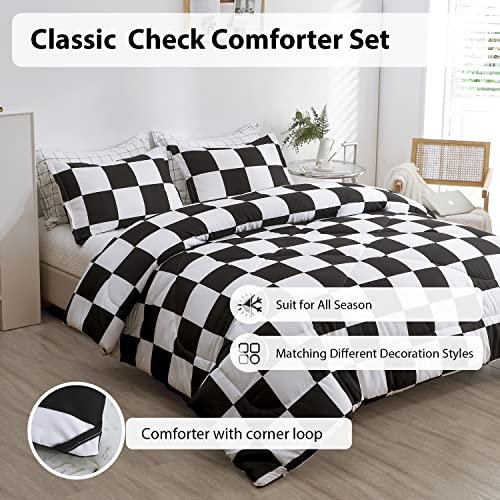Luckybull Comforter Set Twin Bedding Set Fluffy Black Plaid Down Alternative Comforter, Checkered Soft Textured Comforter With 1 Pillowcase All Seasons, Black And White 2 Piece #TOP3