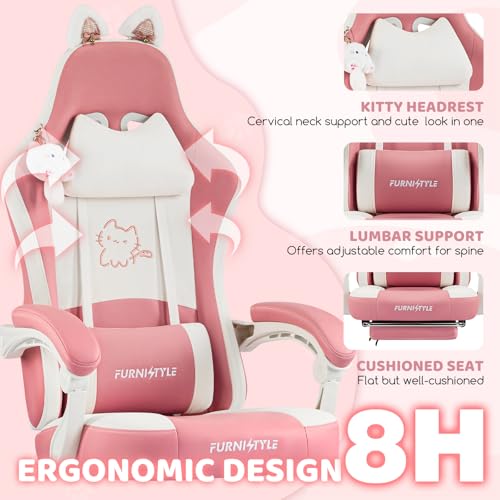 Image of Gaming Chair, Pink Video Game Chairs for Adults with Cat Ears Pocket Spring Cushion Massage Lumbar Support & Headrest, Ringing Accessories Cute Leather Ergonomic Computer Chair for Girls, Pink /White