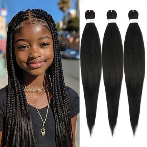 ADIASAI Kids Braiding Hair Pre Stretched 12 Inch 3Packs Short Pre stretched Braiding Hair for Professional Braiding Hair Extensions Hot Water Setting Yaki Texture Synthetic Hair Natural Black(1B)