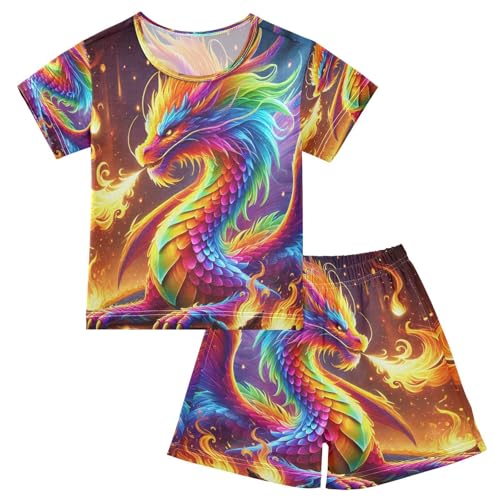 Dragon Flames Rainbow Pajama Set Short Sleeve Summer Pajamas Shorts Sets PJ Clothes Set Soft 5Y