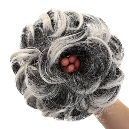 JJstar Messy Hair Bun Curly Wavy Hair Scrunchies Accessories Pieces for Women Girls Synthetic Chignons (Gray & White Tips) - Image 4