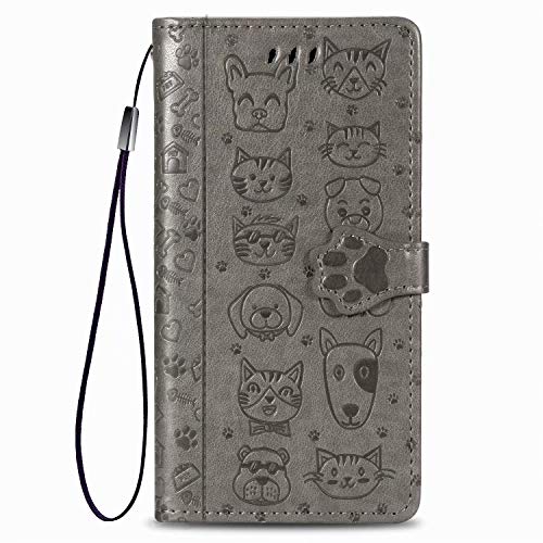 Samsung Galaxy S20 Case, Premium Leather Folio Cover Embossed Lovely Cat Dog Magnetic Closure Full Protection Book Design Wallet Flip with Card Slots Kickstand for Galaxy S20 Phone Case gray
