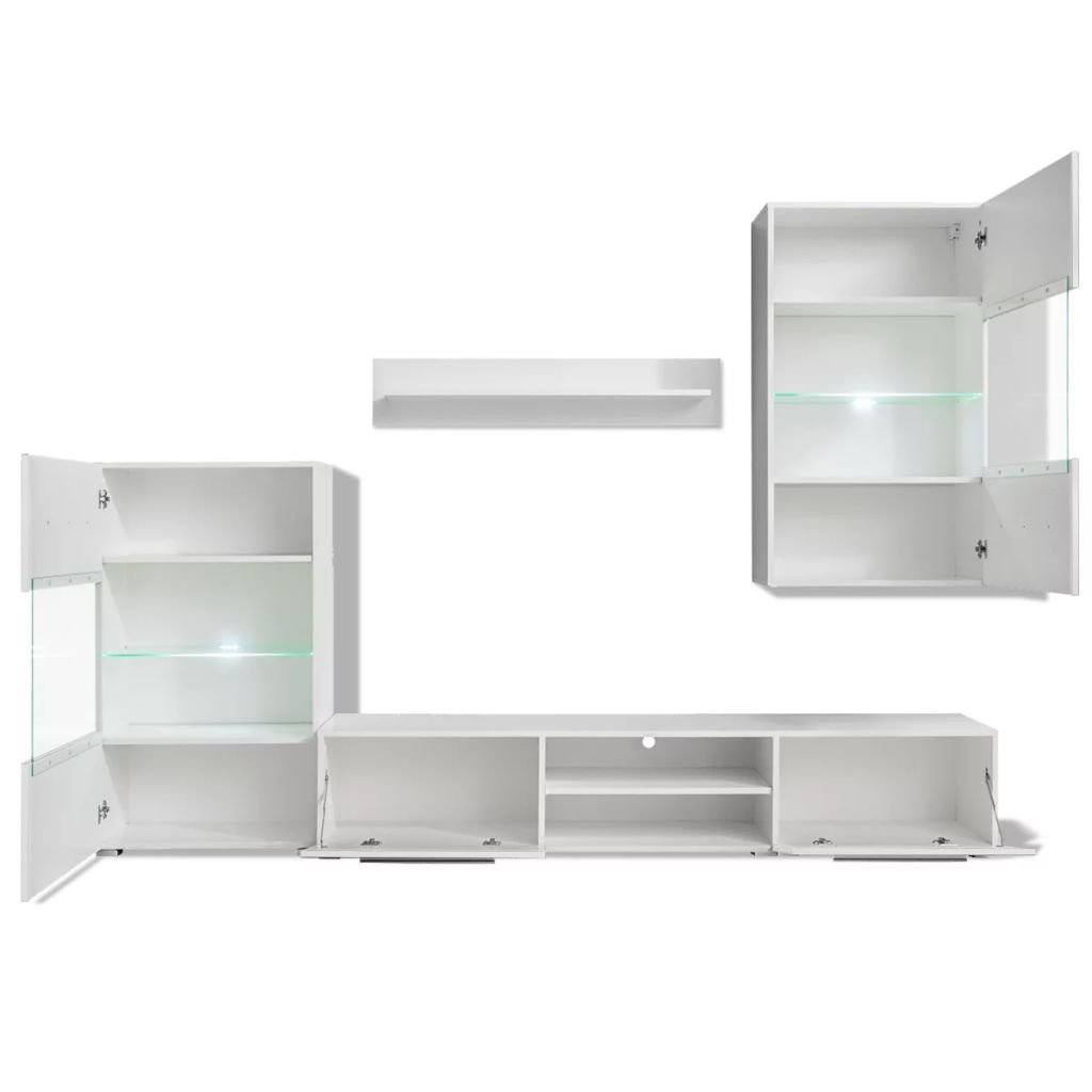 GuyAna Mobile TV a Parete Con Vetrina 5 Pz Illuminazione LED Bianco, Moderno, Soggiorno, Mobili Salotto Porta TV