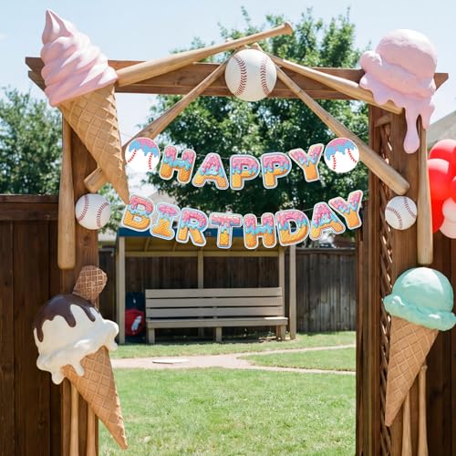 Image of Supervitae Happy Birthday Banner Baseball, Baseball Ice Cream Drip Birthday Banner, Baseballs Party Hanging Decorations Sport Theme Party Supplies for Sport Parties Favors Decoration