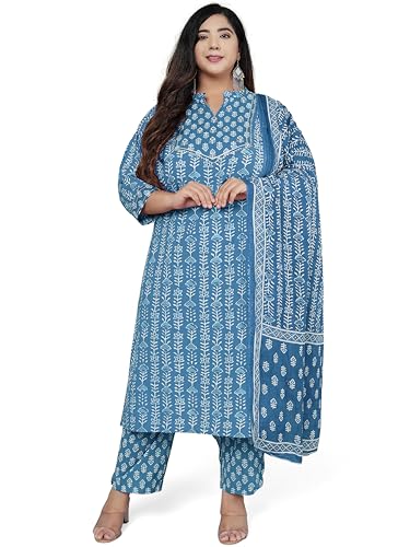 Image of MIRCHI FASHION Pure Cotton Plus Size Straight Kurta Set with Dupatta | 3 Piece Summer Ethnic Kurta Pant Set | Office Wear Salwar Suit for Women