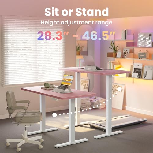 Image of HUANUO Electric Standing Desk,48 inch x 24 inch Height Adjustable Desk, 4 Memory Height Settings, Sit to Stand Up Desk for Home Office, with Headphone Hook, Cable Manager, Pink
