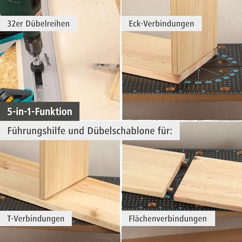 wolfcraft Dübelleiste 4650000 – Präzise Bohrschablone zum Möbelbau von Schränken & Regalen – Für Dübelverbindungen und Lochreihen – 32mm Raster - 4