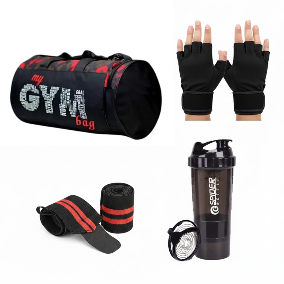 KT Gym Combo Kit with Duffle Travel Sports Kit Including Workout Gloves Wrist Support Strap and Shaker Bottle Black Red-image-12