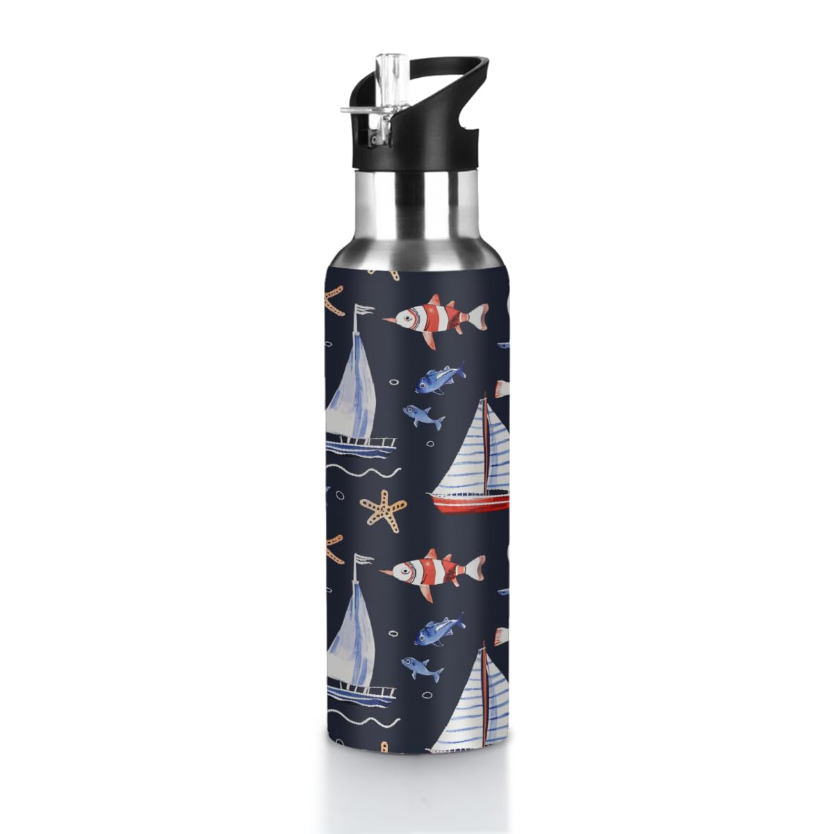 VQUVQV Stainless Steel Water Bottle with Straw Lid, 600ml Insulated Leakproof Sports Bottle Thermal Flask for Cold and Hot Drink, Blue White Nautical Sailboat Lighthouse