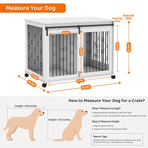 Ichbingo Large Dog Crate Furniture With Sliding Barn Door, 43.7" Wooden Dog Kennel End Table With Wheels And Flip-Top Plate Dog House With Detachable Divider For Small/Medium/Large Dog (White) #TOP4