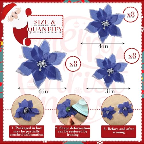 WILLBOND 24 Pieces 3 Size Christmas Glitter Poinsettia Flowers Wedding Faux Flowers Christmas Decoration Ornaments For Christmas tree New Year Home Outdoor Decoration (Navy Blue,3.2/4/6 Inches) - Image 2